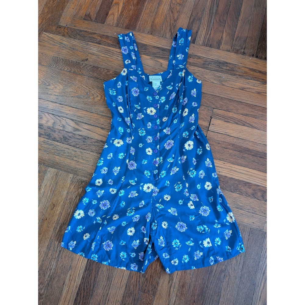 Basic Editions Vintage 90s Blue‎ Floral Rayon Romper Lace Up Back Womens Large